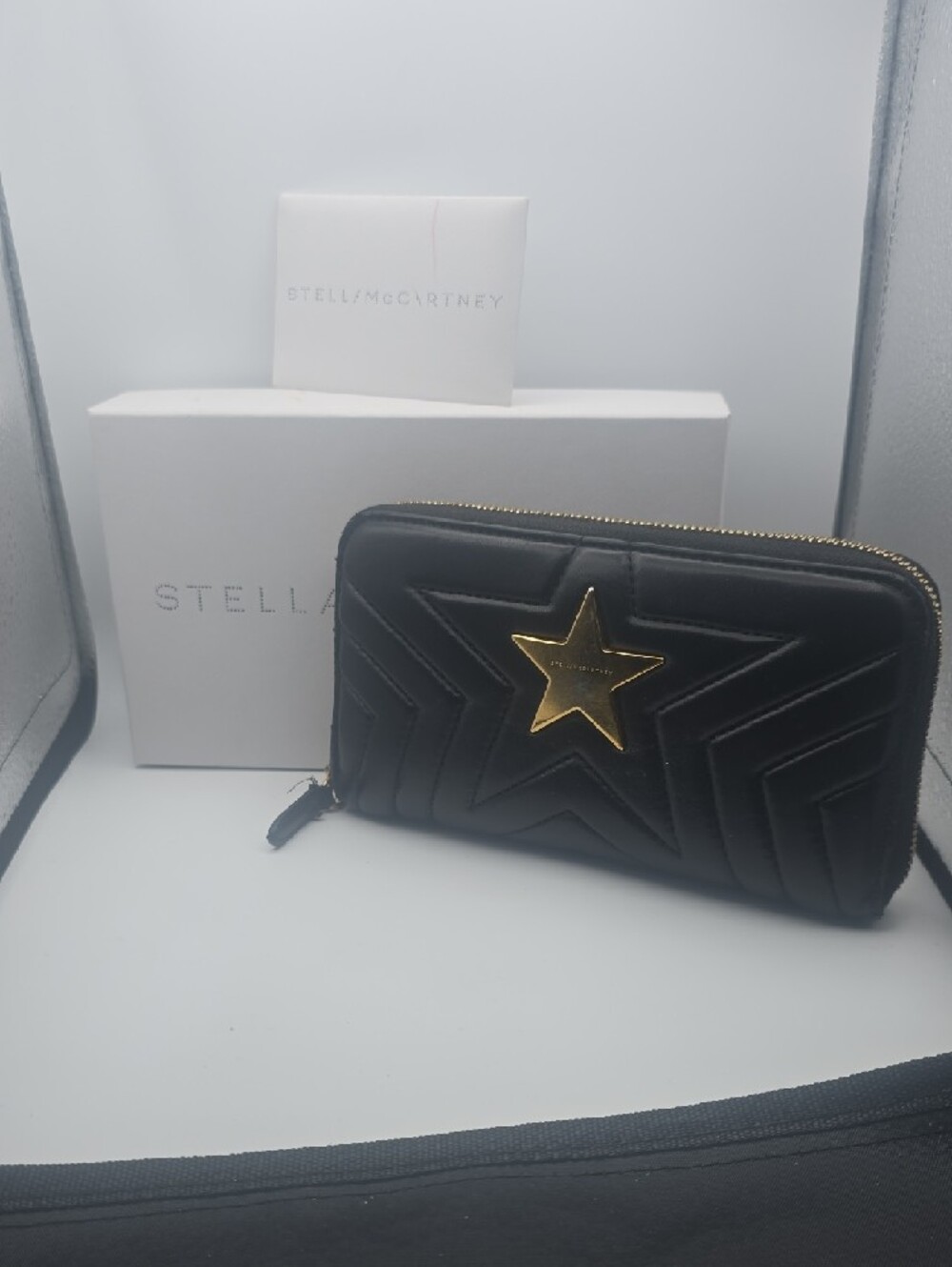 Stella McCartney Black Quilted Zip-Around Wallet with Gold Star